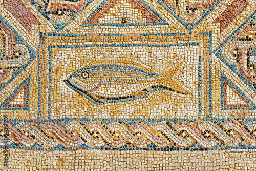 Fragment of mosaic depicting fish in the house of Eustolios (4th century), the ancient city of Kourion, near Limassol, Episkopi, Cyprus