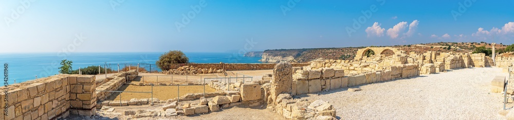 Panoramic view of the ancient city of Kourion (Cyprus) with part of the Mediterranean coast.