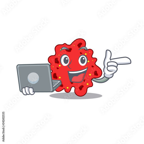 Cartoon character of streptococcus pneumoniae clever student studying with a laptop