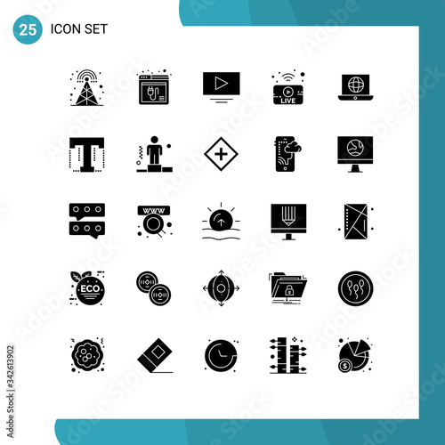 Group of 25 Solid Glyphs Signs and Symbols for world, news, website, live, utube photo