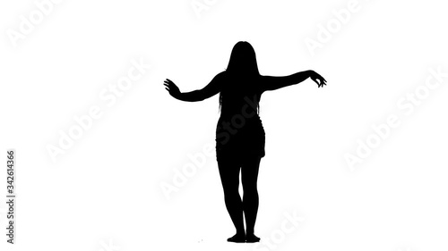 black silhouette on a white background, young beautiful woman with long hair and beautiful plump body dancing belly dance, oriental dance, exotic dance, isolated