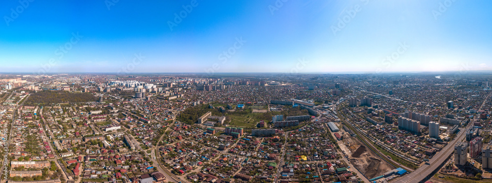 aerial drone view - the old historic center of Krasnodar (South of Russia) on a sunny day in April - Sadovaya and Kuban Polytechnic Institute