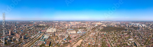 aerial drone view - the old historic center of Krasnodar (South of Russia) on a sunny day in April - Promyshlennaya, Track and Kolkhoznaya