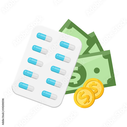 money and capsule medicine for health finance, money for expensive medicine and healthcare spendings, money and medicine for health insurance expenses, pill capsule tablet and money for health care