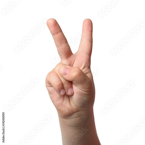 Two children's fingers. Symbol of victory. Isolated object on white background