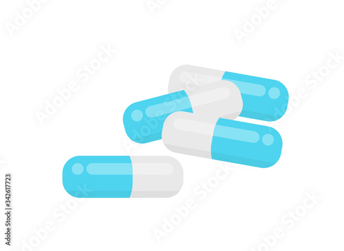 capsule drug isolated on white background, icon blue capsule pile, clip art capsules, medicines, tablets, capsules, drug of painkillers, antibiotics, vitamins, healthcare medical flat illustration