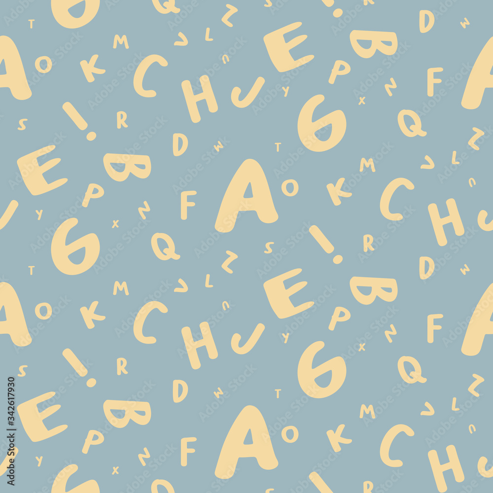 Half drop seamless pattern with yellow A to Z alphabet on blue background. Vector illustration wallpaper or printing for kindergarten school. 