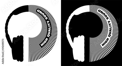 Original black and white logo, overhead headphones with stylized waves of wireless communication. High quality sound. Isolated vector