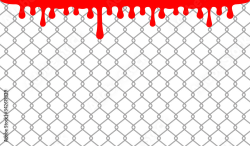 wire net wall and red blood drops on white, blood blob on wire wall for halloween background, drops of blood on grid of fence, barbed wire mesh metal for backdrop, fence barb stains with bloody flow