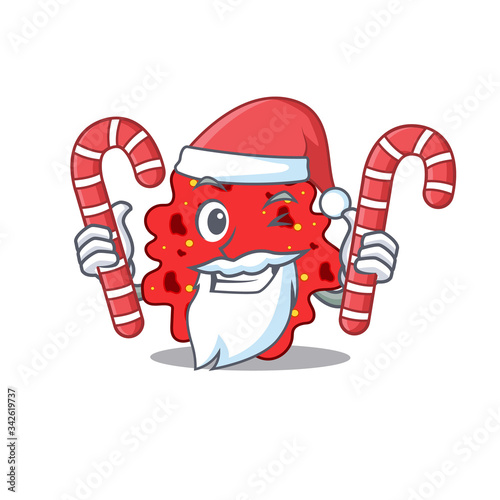Friendly streptococcus pneumoniae in Santa Cartoon character holds Christmas candies
