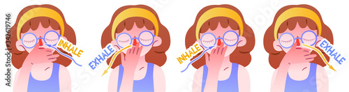 Cute girl with glasses doing pranayama. Vector isolated phased illustration of a breathing practice from yoga. Ventilation, wellness exercise with a calming effect. The correct position of the hands.