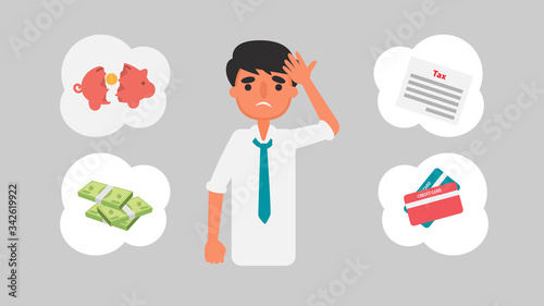 Businessman financial crisis concept.
Young men are worried about the debt because of unemployment.business illustration Vector flat