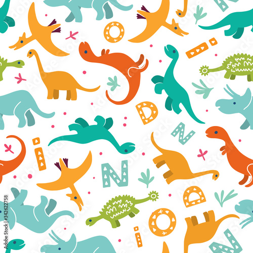 Fototapeta Naklejka Na Ścianę i Meble -  Children's seamless pattern with a hand-drawn dinosaur in the Scandinavian style. Vector children's background for fabric, textiles, paper