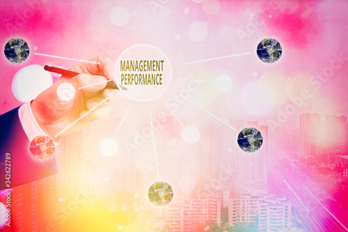 Conceptual hand writing showing Management Performance. Concept meaning feedback on Managerial Skills and Competencies Elements of this image furnished by NASA photo