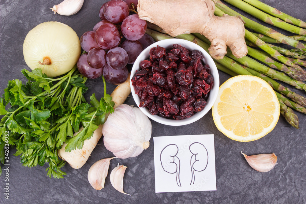 Drawing of kidneys and healthy eating containing vitamins and minerals Drawing of kidneys and healthy eating containing vitamins and minerals