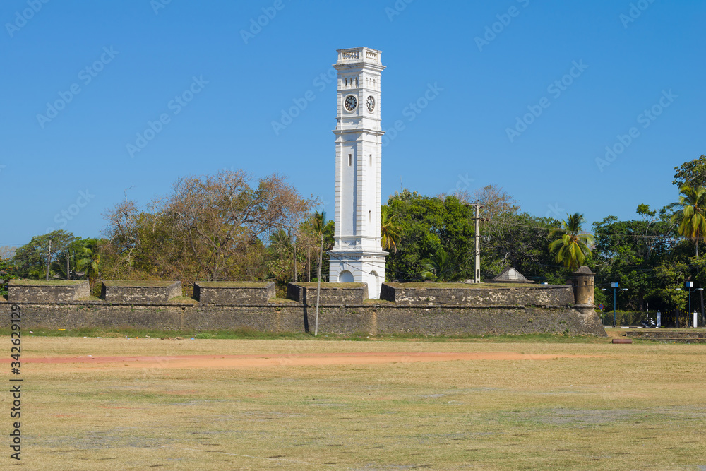 View of the old Clock Tower on the territory of the old Dutch fortress. Matara, Sri Lanka
