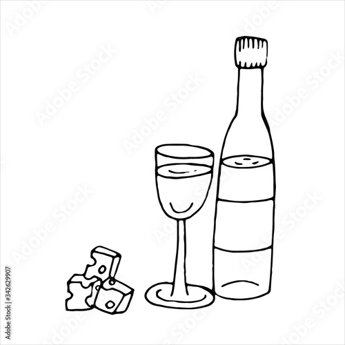 vector isolated doodle element, bottle of wine and a glass, coloring book