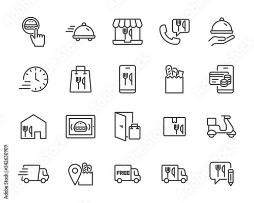 set of food delivery icons, online shopping, food and drinks