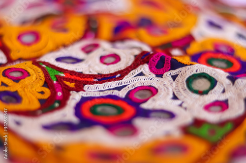 multicolour ethnic embroidery,Gujarat india embroidery craft close up view, traditional Indian embroidery,traditional and fashionable handicrafts close up