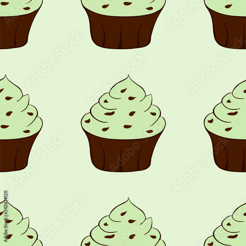 Cupcakes with chocolate sprinkles isolated. Green background. Sweet Dessert with cream. Pistachio or mint taste. Seamless pattern.Vector illustration