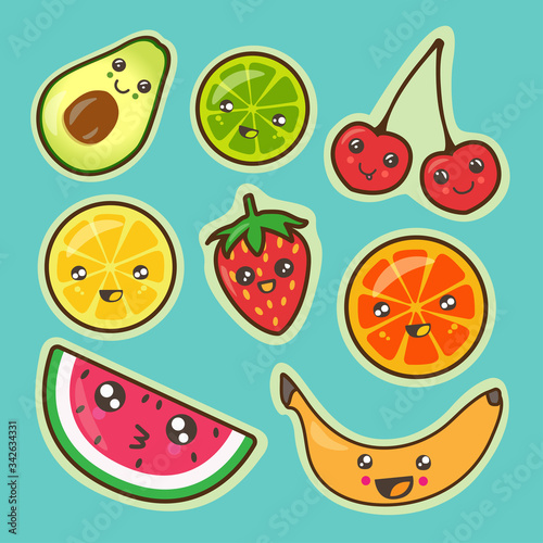 Fruit stickers set: avocado, cherry, citrus, orange, lime, lemon, banana, watermelon, strawberry. Funny kawaii illustration.