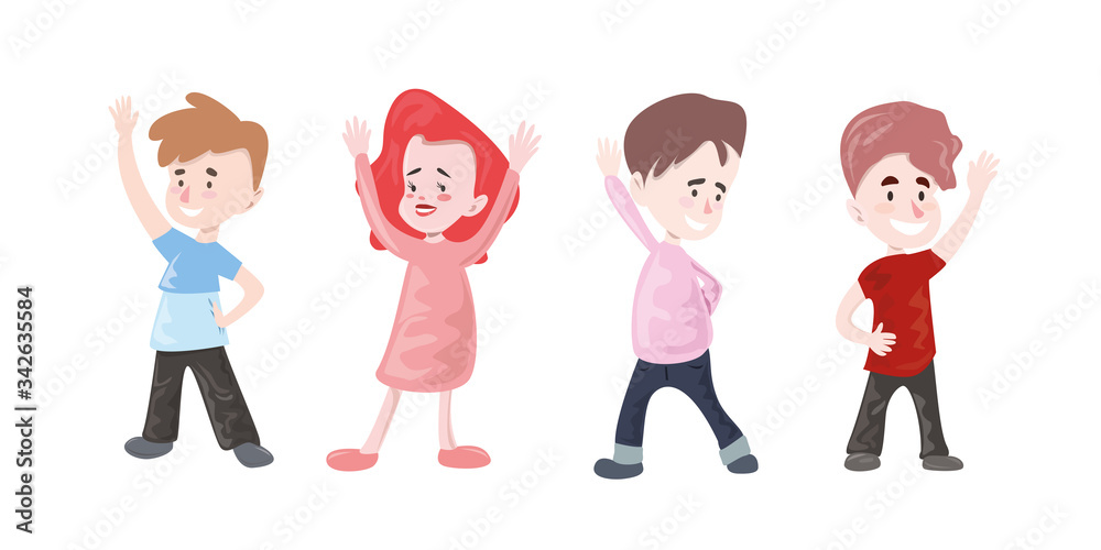 Kids waving hands flat vector illustrations set. Smiling little children in casual clothing greeting gesture.Cheerful elementary school students, kindergarten pupils cartoon characters hi Kids waving hands flat vector illustrations set. Smiling little children in casual clothing greeting gesture.Cheerful elementary school students, kindergarten pupils cartoon characters hi