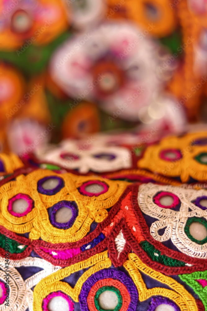 multicolour ethnic embroidery,Gujarat india embroidery craft close up view, traditional Indian embroidery,traditional and fashionable handicrafts  close up