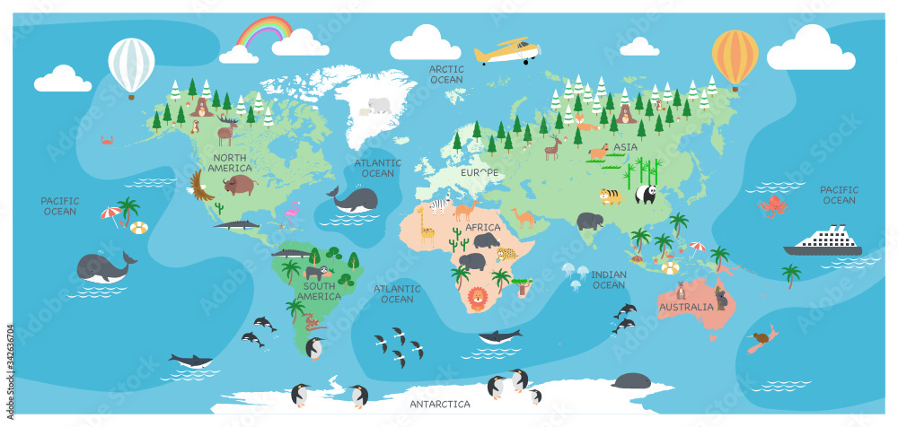 The world map with cartoon animals for kids, nature, discovery and continent name, ocean name, vector Illustration.