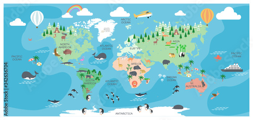The world map with cartoon animals for kids, nature, discovery and continent name, ocean name, vector Illustration. © Nikhom