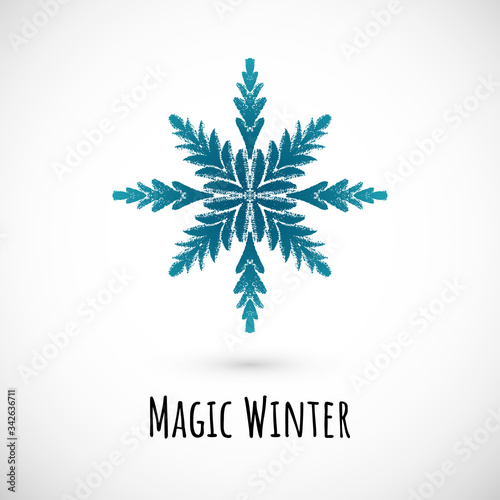 Winter hand draw blue snowflake icon, vector doodle design.