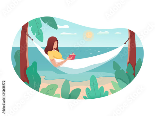 Woman reading book rest in hammock at seacoast