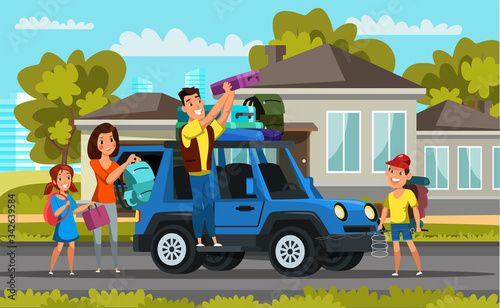 Family on road trip flat vector illustration