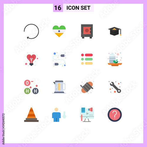 Group of 16 Flat Colors Signs and Symbols for cable, light, lock, idea, graduation photo