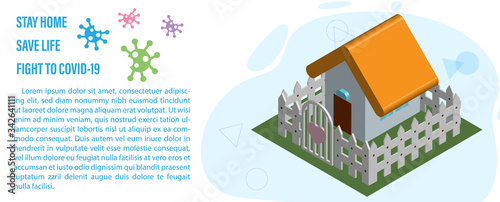 Stay at home in covid-19 situation with 3d little house and wording about covid-19, example texts, virus symbols isolate on white background.