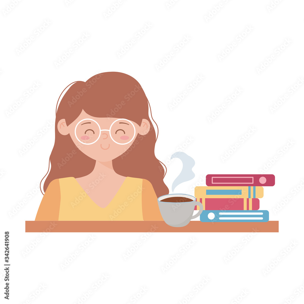 stay at home, young woman with coffee cup and books