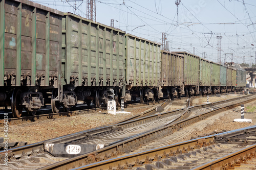 Kharkiv, Ukraine - August 23, 2018: Cargo wagons parked at the railway station Osnova, in Kharkiv, Ukraine