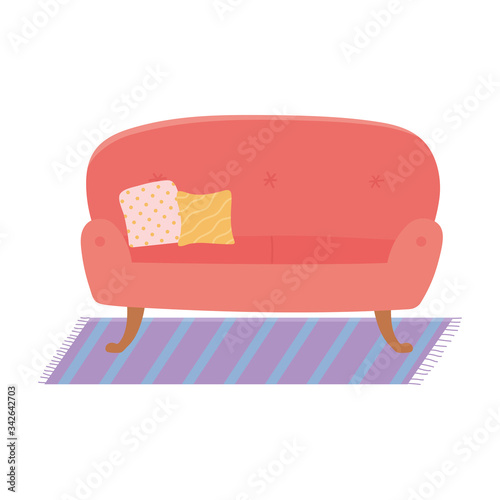 sofa with cushions and carpet isolated icon on white background