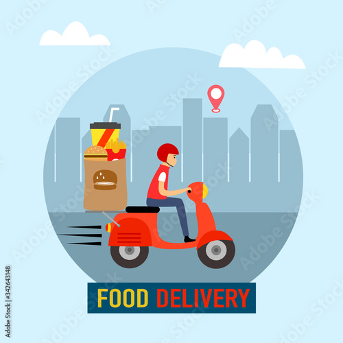 Online food order and food delivery service vector illustration. Uber eat, grab food, fast food design for landing page, web, poster, flyer. Ready meal logistic with city skyline background.