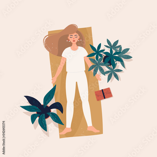 Vector illustration of a blonde woman doing yoga in shavasana pose on the rug surrounded potted plants and a book. Lying woman in flat style