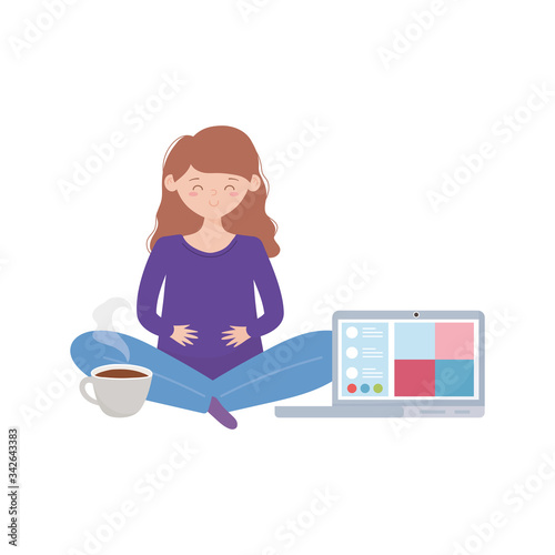 stay at home, pregnant woman with coffee cup online yoga