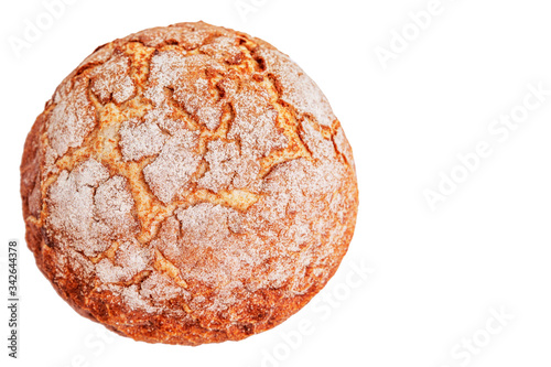 Appetizing fresh round bread with crisp. Healthy lifestyle. Isolated on a white background. Top view. Space for text.
