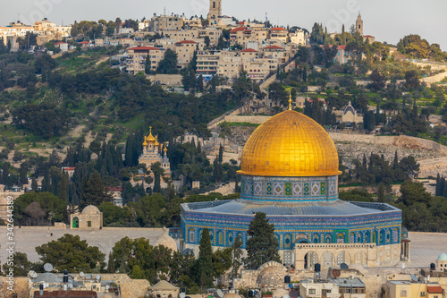 The mosque Dome of the Rock and Orthodox Church of Maria Magdalena at background