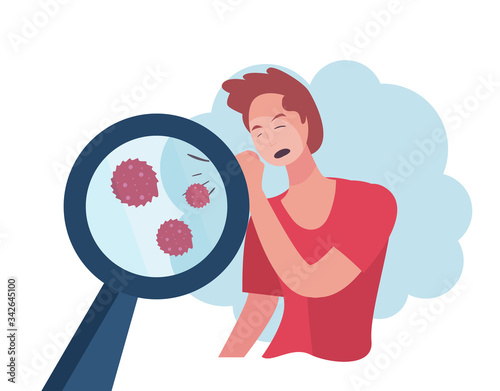 Man coughing and coronavirus bacterium inside lupe vector design