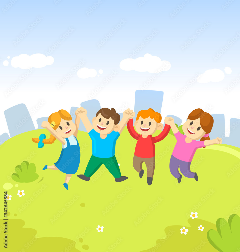 Four cute kids jumping for joy together on the grass on city background. Childhood, playground, fun, friendship. Cartoon vector illustration.