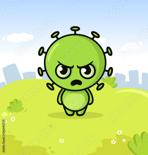 Fototapeta Naklejka Na Ścianę i Meble -  Funny green virus cartoon monster character on summer city background. Colorful flat vector illustration.