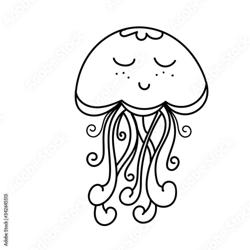 vector element, black and white drawing of a marine inhabitant, cute sea jellyfish