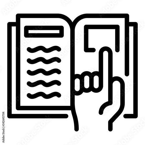 Diary and finger icon. Outline diary and finger vector icon for web design isolated on white background
