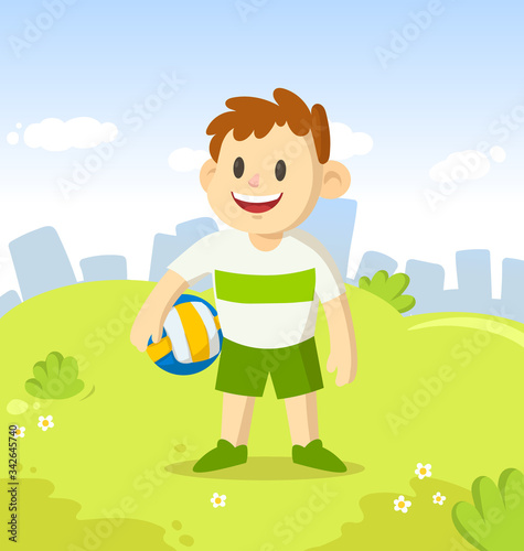Happy smiling boy holding a volleyball. Cartoon character standing in the city park. Sport and fitness. Colorful cartoon flat vector illustration.