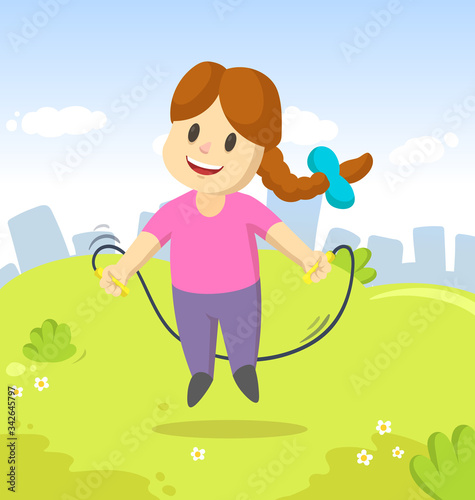 Happy smiling little girl jumping over a skipping rope outdoors on city and blue sky background. Funny cartoon character. Colorful cartoon flat vector illustration.