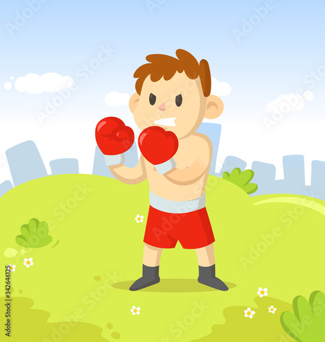 Boxer boy in boxing gloves standing in the city park. Sport and fitness. Colorful cartoon flat vector illustration.